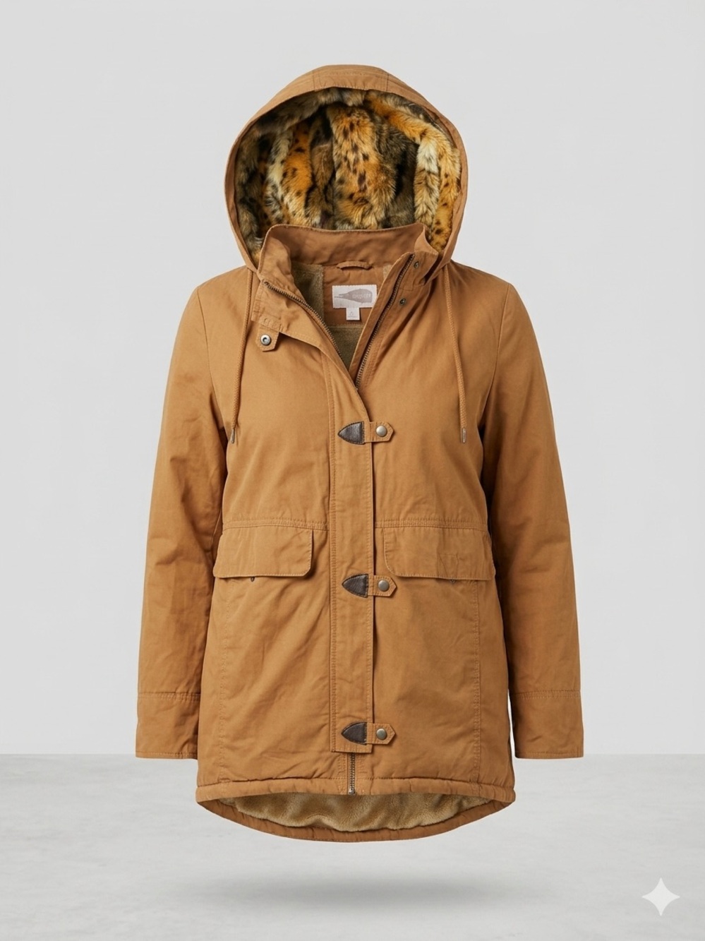 Forever 21 Women's Caramel Hooded Utility Parka with Faux-Fur Hood Lining Y2K